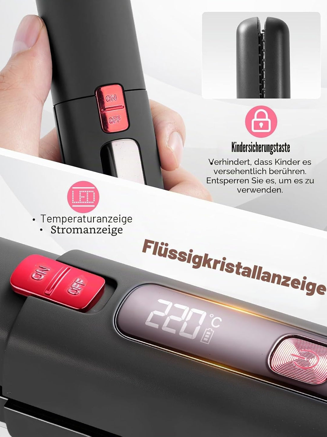 Glätteisen Kabellos mit 4500mAh Akku, 6 Stufen(160-220°C), Tragbarer Akku Haarglätter, Mini Reise Gl