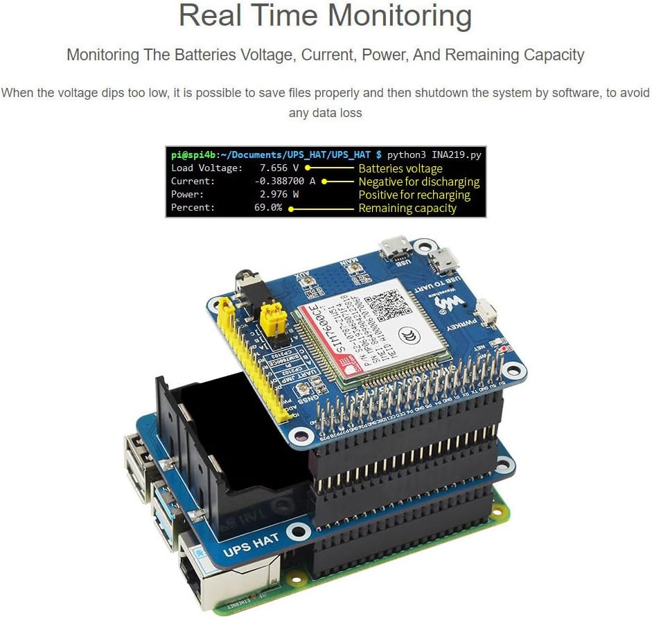 Waveshare UPS HAT Compatible with Raspberry Pi 5V Uninterruptible Power Supply Multi Battery Protect