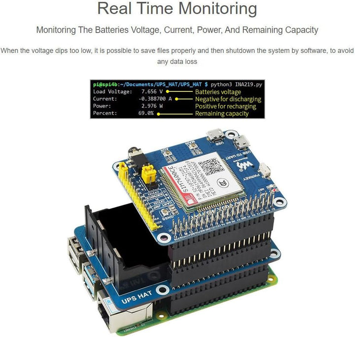 Waveshare UPS HAT Compatible with Raspberry Pi 5V Uninterruptible Power Supply Multi Battery Protect