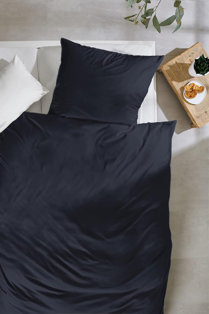 Beddress - Luxus-Satin-Bettwäsche, Uni Schwarz, 200x200 + 2x80x80 cm, 100% gekämmte Baumwolle, OekoT