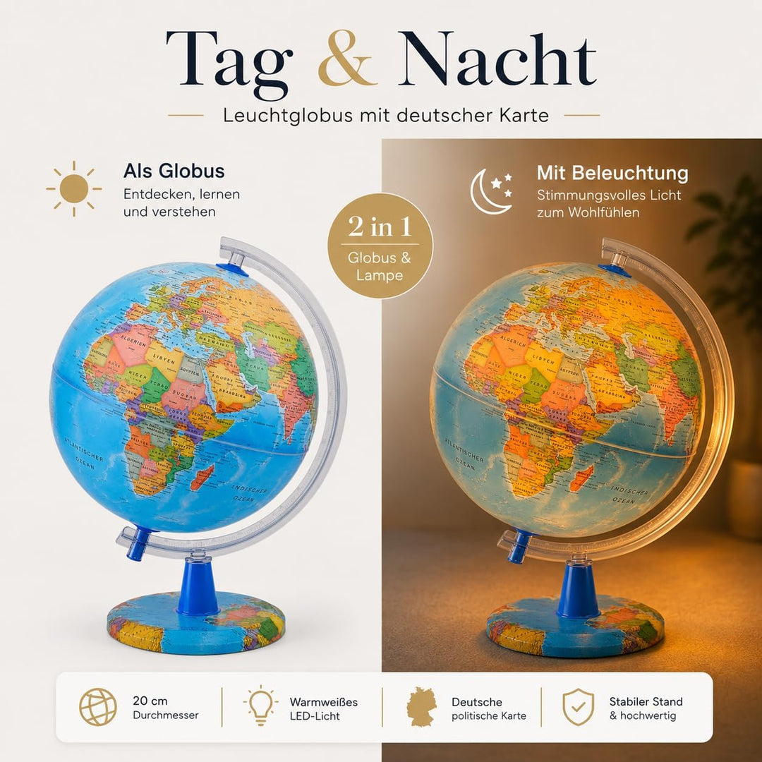 TOPGLOBE 20cm Leuchtglobus - Karte auf Deutsch - Schülerglobus Moderne Politische Weltkugel – pädago