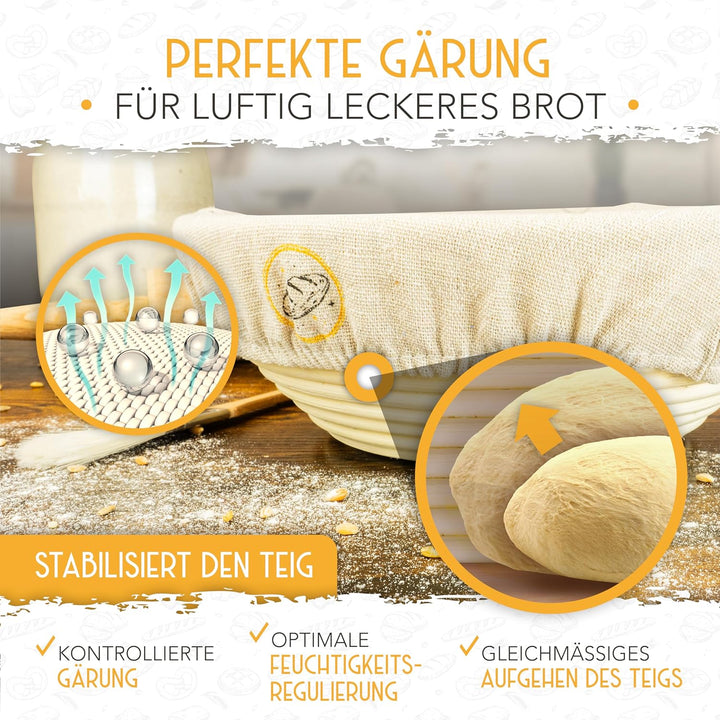 KRUSTENZAUBER Gärkorb zum Brotbacken rund 22cm - Rundes Gärkörbchen aus Rattan mit Gärtuch - Brot Ba