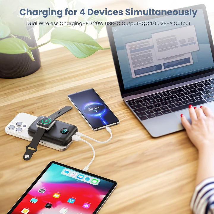 Magnetische Powerbank 10800mAh für MagSafe, 4-in-1 Wireless Power Bank mit i-Watch Ladegerät,QC4.0+P
