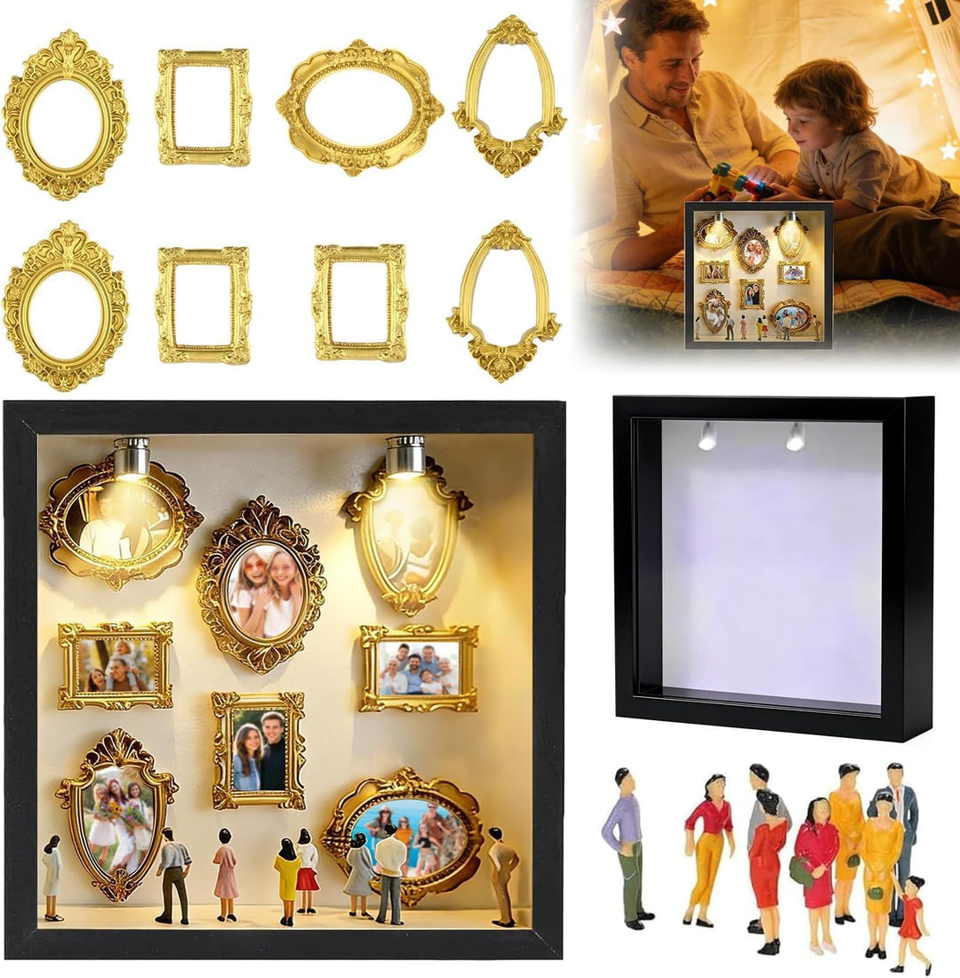 DIY Mini Museum Bilderrahmen Set mit LED Licht, Silhouettenbox mit 8 Mini Goldrahmen & Figuren, Krea
