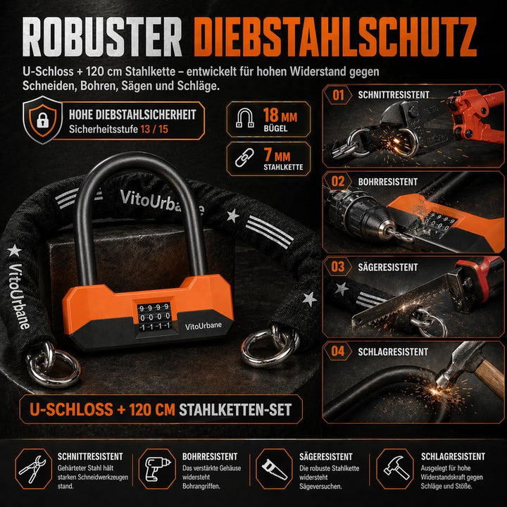 Fahrradschloss hohe Sicherheit 2-in-1 Set, 18 mm Bügelschloss Fahrrad & 120 cm Kettenschloss (7 mm),
