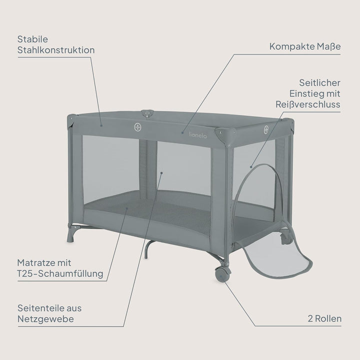 Lionelo Amelie Baby-Reisebett, ab Geburt bis 15 kg, klein, faltbar, weiche Faltmatratze, 100,5 x 70,