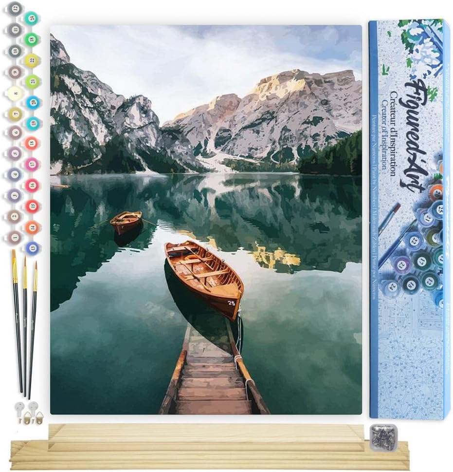 Figured'Art Malen Nach Zahlen Erwachsene Mit Rahmen Boot und Gebirgssee - Paint by Numbers Basteln D
