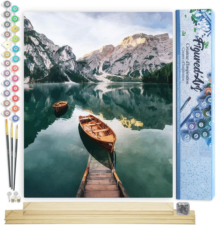 Figured'Art Malen Nach Zahlen Erwachsene Mit Rahmen Boot und Gebirgssee - Paint by Numbers Basteln D