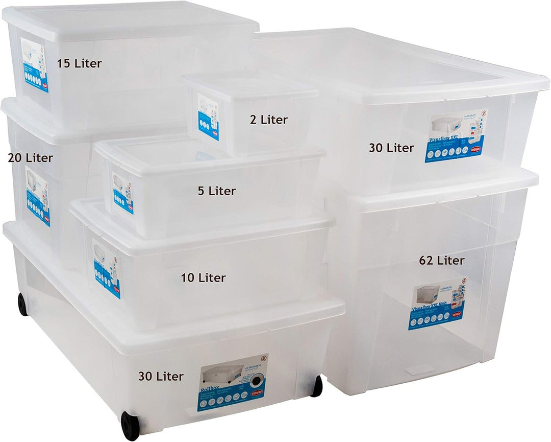 12 x Aufbewahrungsbox Deckel 2L 19x16x10cm transparent Kunststoff Box Büro 12 2 Liter ohne Rollen, 1
