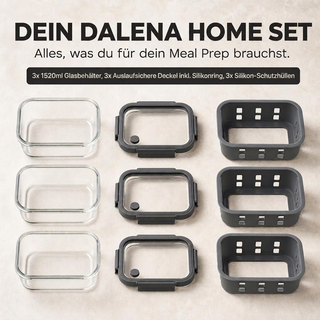 Meal Prep Boxen Set 3x1520ml – Borosilikatglas, auslaufsicher, stapelbar, mikrowellengeeignet, mit S