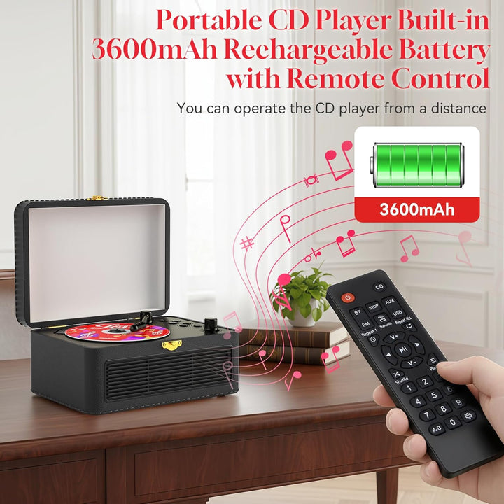 Gueray Tragbarer Bluetooth CD-Player mit Lautsprechern 3600mAh Wiederaufladbarer Vintage CD Spieler