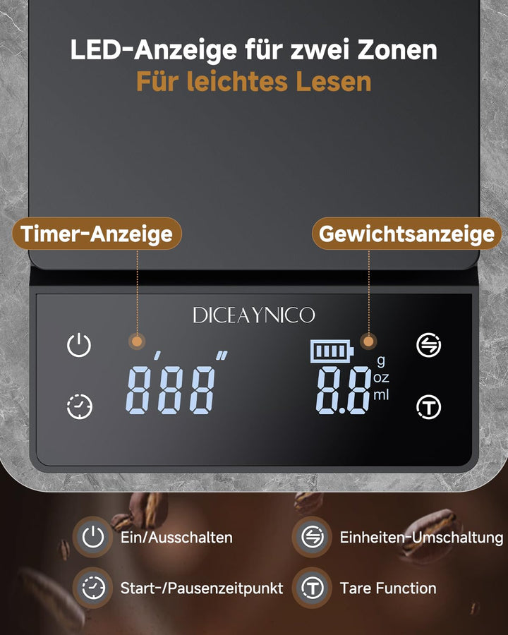 Digitale Kaffeewaage mit Timer, 3 kg/0,1 g | Timer und Countdown, wiederaufladbare Espresso-Waage mi