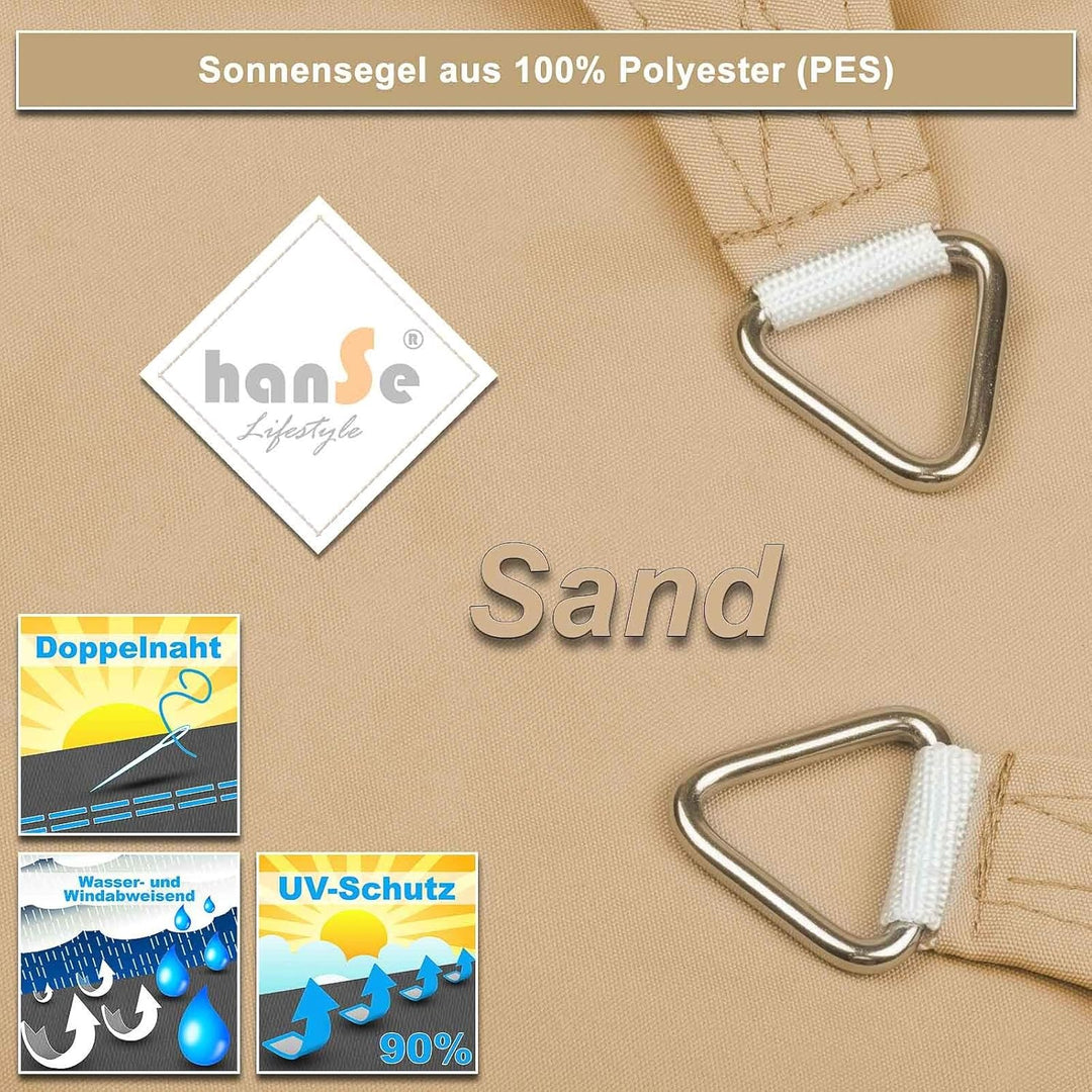 hanSe Sonnensegel rechteckig, Segeltuch Rechteck, 3x5m in Sand, aus Polyester, wetterbeständig, mit