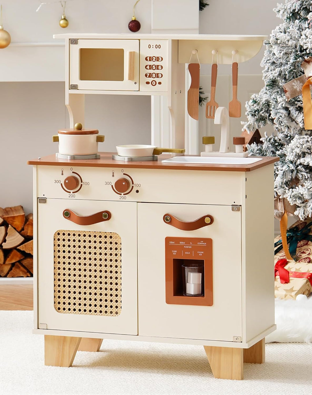 ROBUD Spielküche Holz für Kinder, Kinderküche Holz Küchen Spielset mit Interaktivem Zubehör & Eiswür