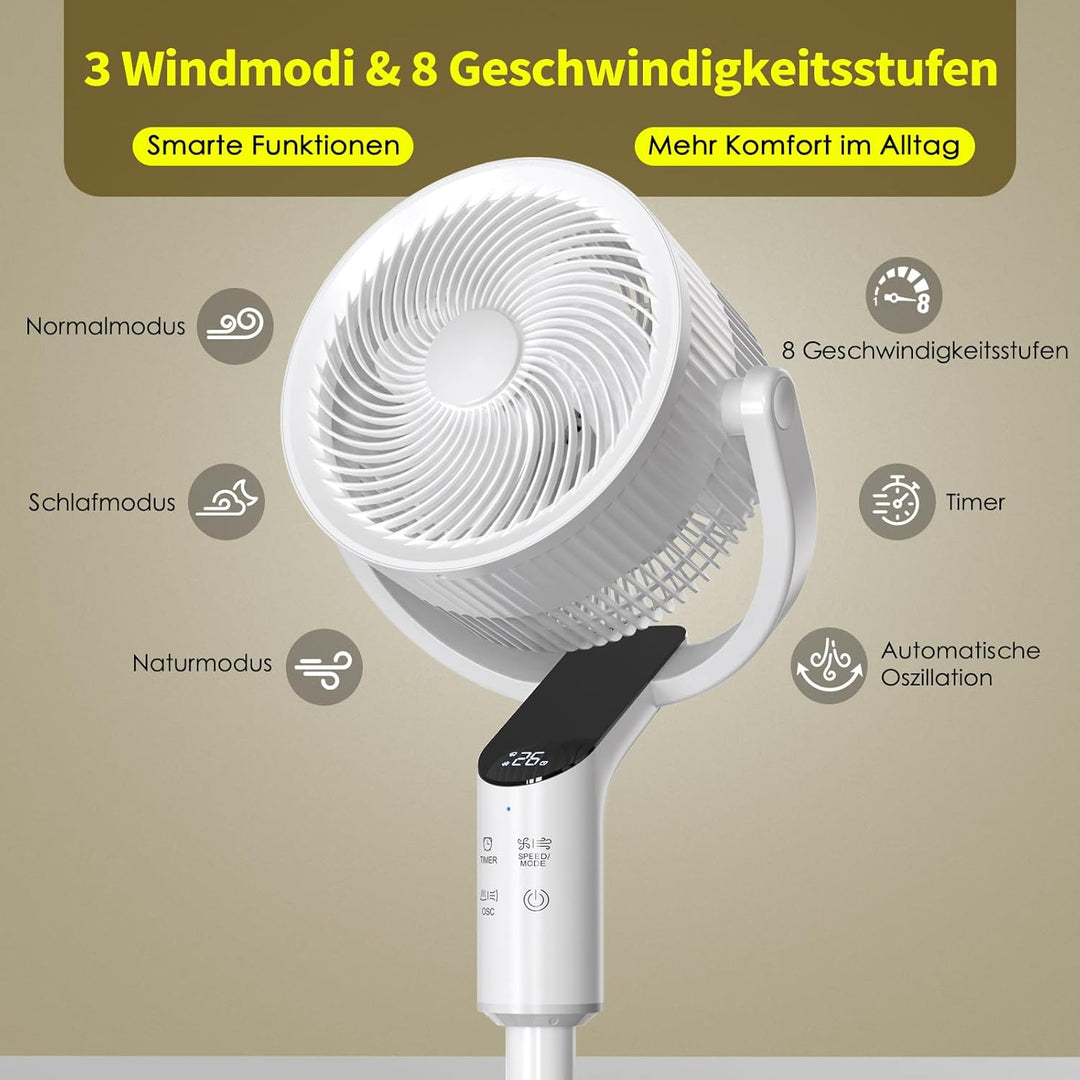 Standventilator sehr leise, 20 dB Ventilator leise mit 80°+100° oszillierend, 58–106 cm Höhenverstel