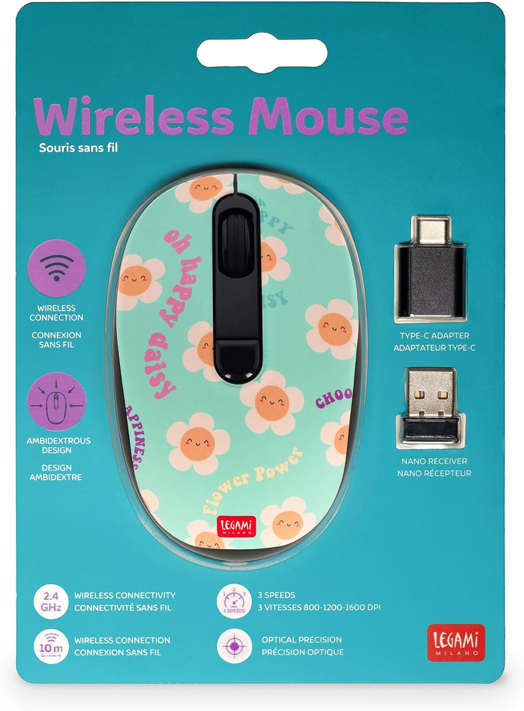 Legami – Kabellose Maus mit ultrakompaktem USB-Empfänger, Daisy, 3 Geschwindigkeitsoptionen, ABS-Mat