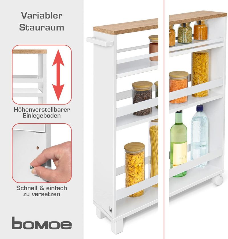 bomoe Nischenwagen 50x79x15 cm Hylla – Küchenwagen auf 2 Rollen & 2 Standfüssen – Rollwagen mit 3 Fä