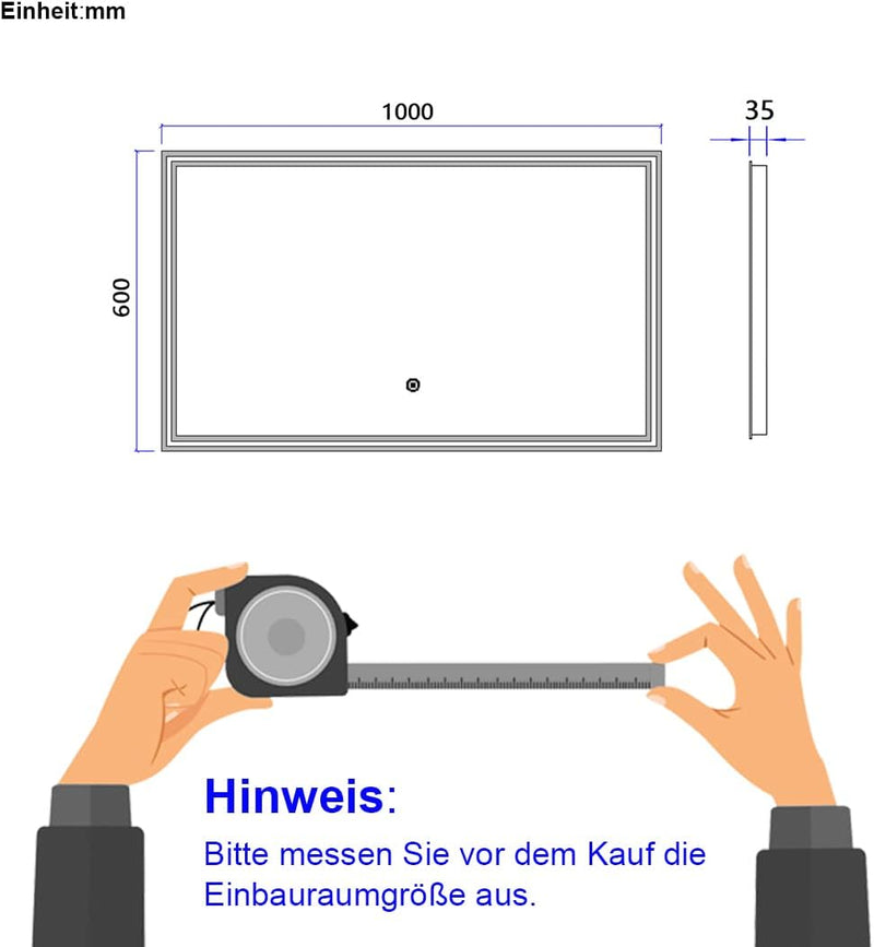 EMKE LED Badspiegel 100x60cm Badspiegel mit Beleuchtung 3 Lichtfarbe 3000-6500K kaltweiss Neutral Wa