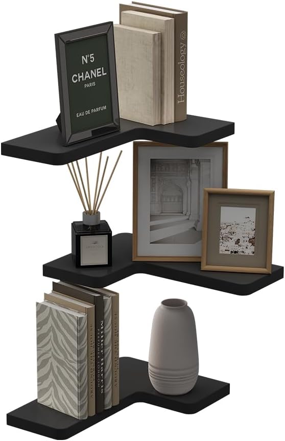 Vicco Eckregal Curva, Bücherregal, Schwarz, 40.5 x 2.5 cm 3er Set, Schwarz