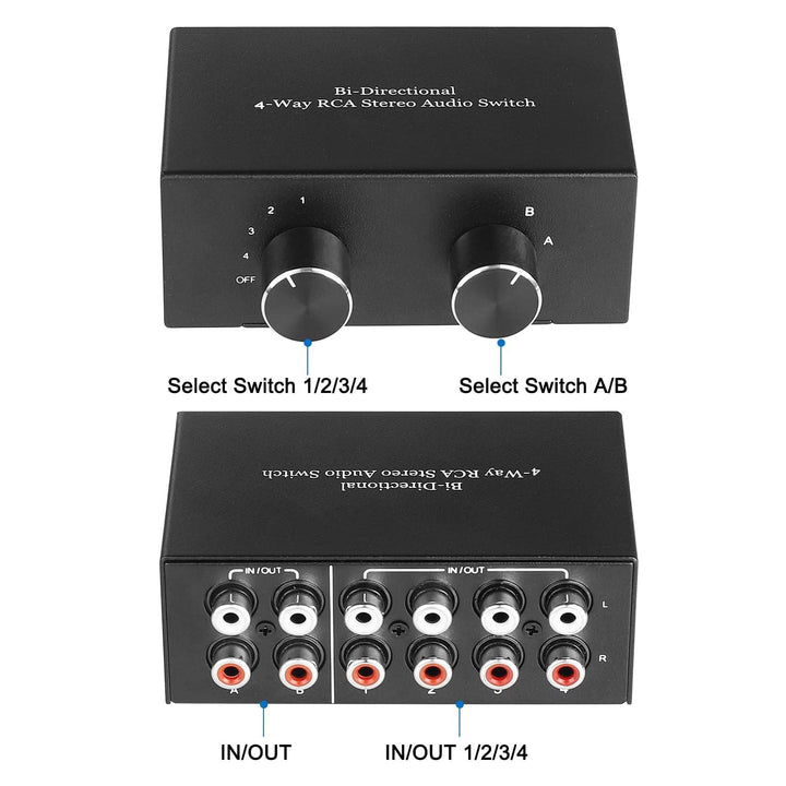 UNSTINCER Cinch RCA L/R Audio Switch 4(2)-In-2(4)-Out, Analog Stereo Aux Umschalter, Bidirektional M