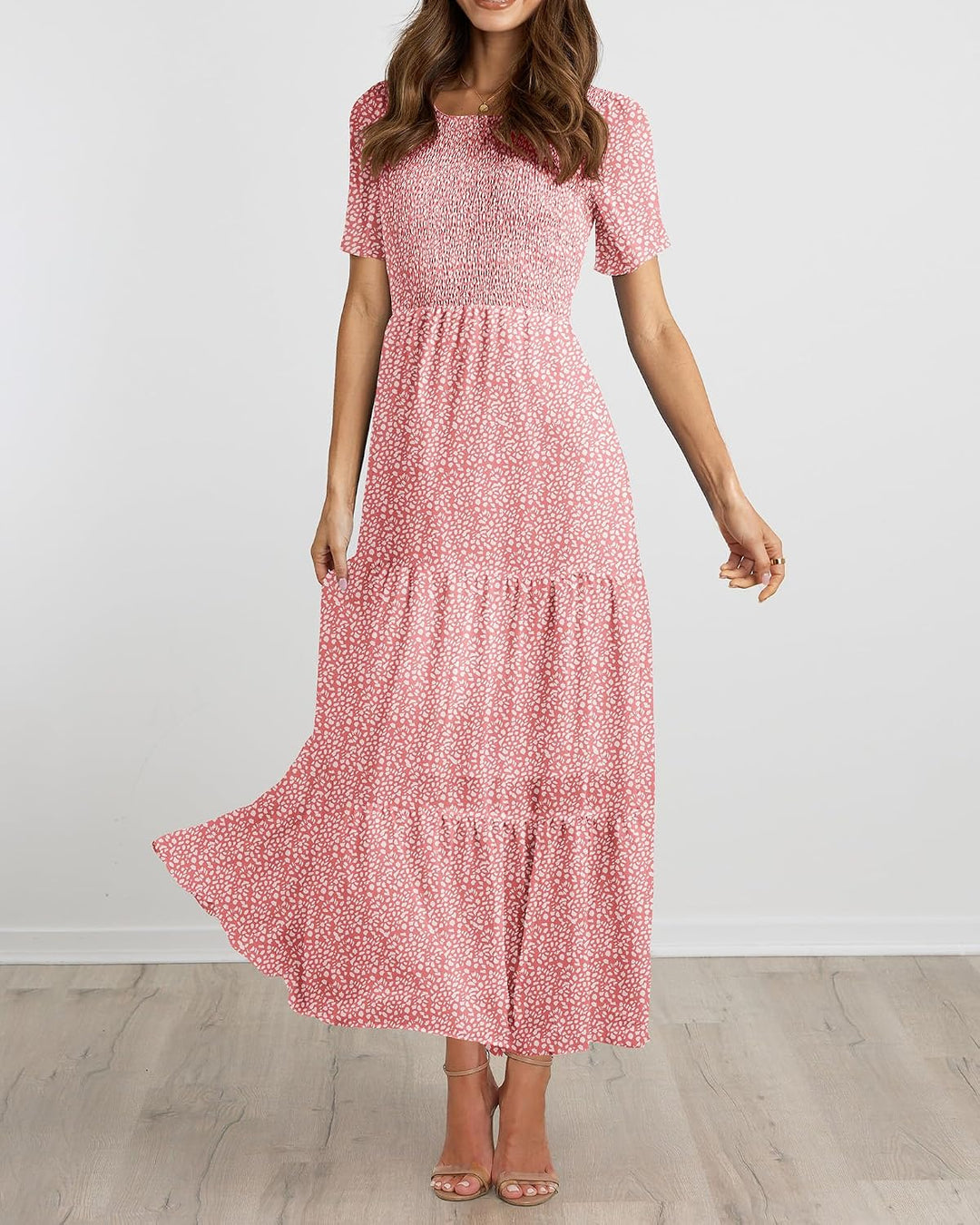 BTFBM Lässiges Sommerkleid für Damen, kurzärmelig, mit Rundhalsausschnitt, Boho-Stil, mit Blumendruc
