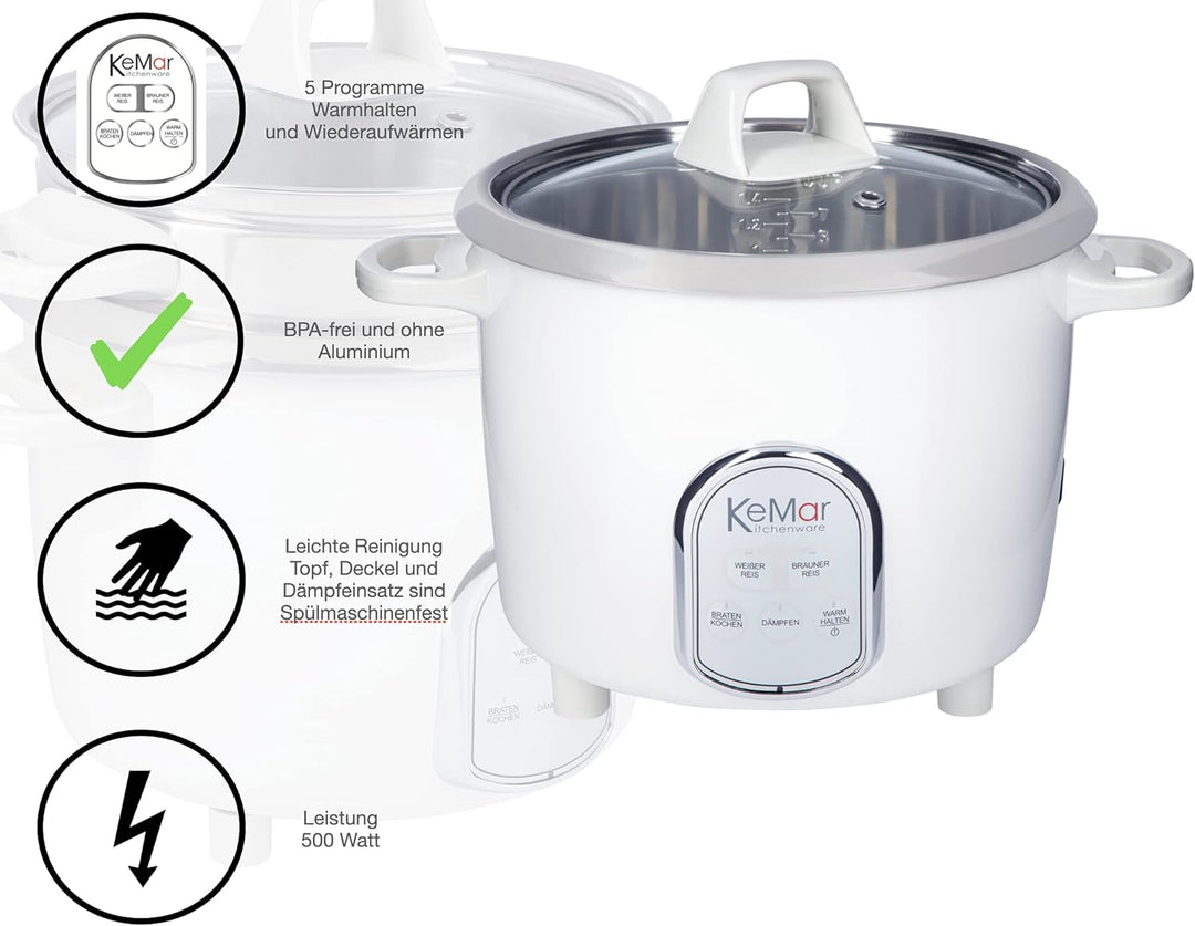 KeMar Kitchenware KRC-175 Reiskocher | 5 Programme | 1,4L | 500W | Edelstahltopf | Glasdeckel |
