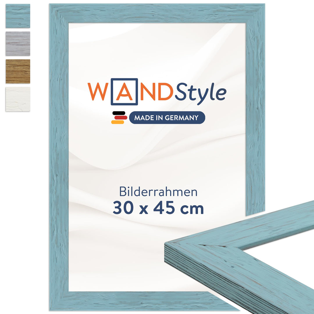 WANDStyle Bilderrahmen Blau 30x45 cm aus Holz im Landhaus-Stil zum Aufhängen, Posterrahmen Made in G