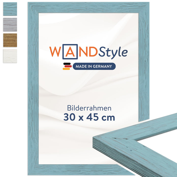 WANDStyle Bilderrahmen Blau 30x45 cm aus Holz im Landhaus-Stil zum Aufhängen, Posterrahmen Made in G