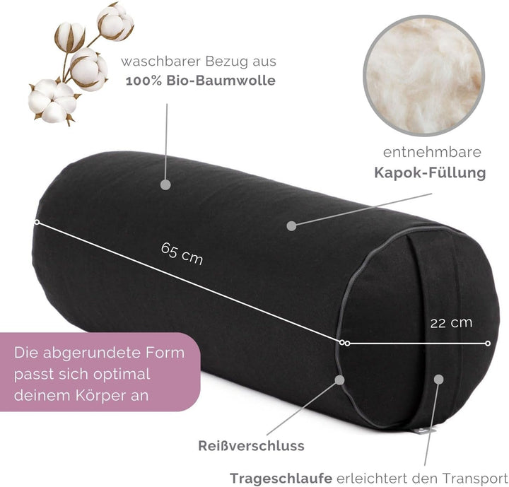 Bodhi Yoga Bolster | ECO Serie | Yogarolle mit Kapok-Füllung | Waschbarer Bezug aus 100% Bio-Baumwol