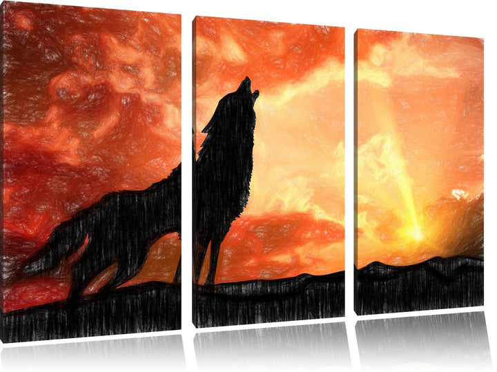 Pixxprint einsamer Wolf auf den Sonnenuntergang Heulen Kunst Buntstift Effekt 3-Teiler Leinwandbild