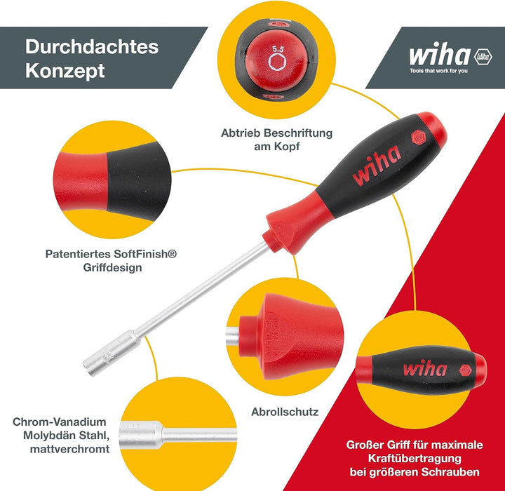 Wiha Schraubendreher Set SoftFinish® Sechskant-Steckschlüssel 5-tlg. ergonomischer Griff für kraftvo