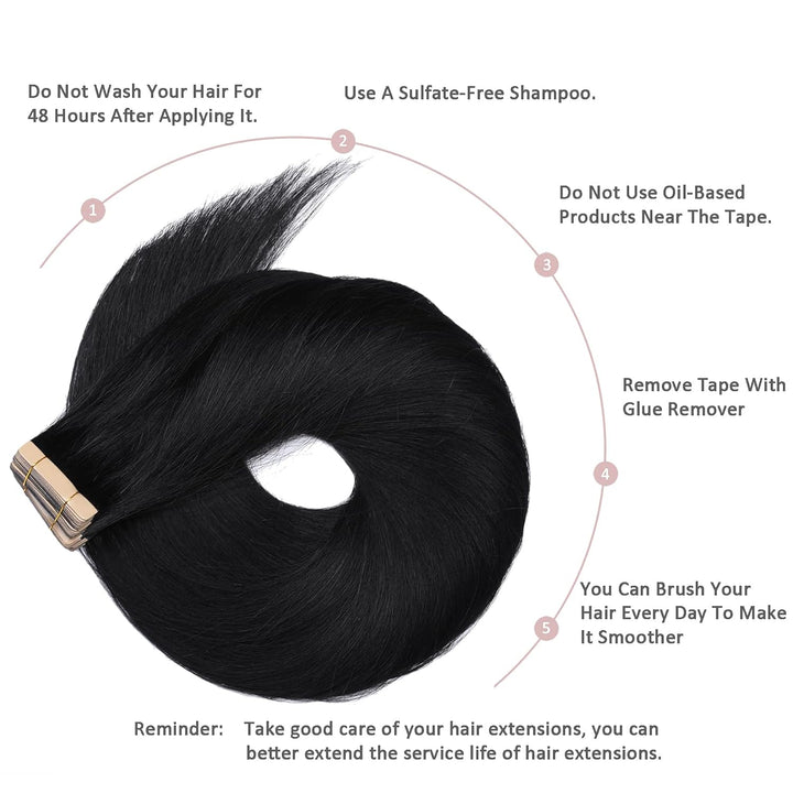 HotLulana Tape Extensions Echthaar Tief Schwarz Extensions Echthaar 20zoll/50cm 50g Skin Weft 100% N