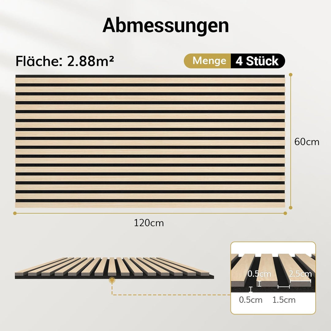 TONOR Akustikpaneele holz, 4 Stück 120 x 60cm - 2,88m² Wandpaneele holz Holzpaneele wand als Schalls