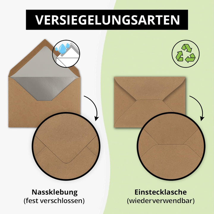 Kuverts in Kraftbraun- 75 Stück - Brief-Umschläge DIN C6-11,4 x 16,2 cm - Nassklebung - Silber-Metal
