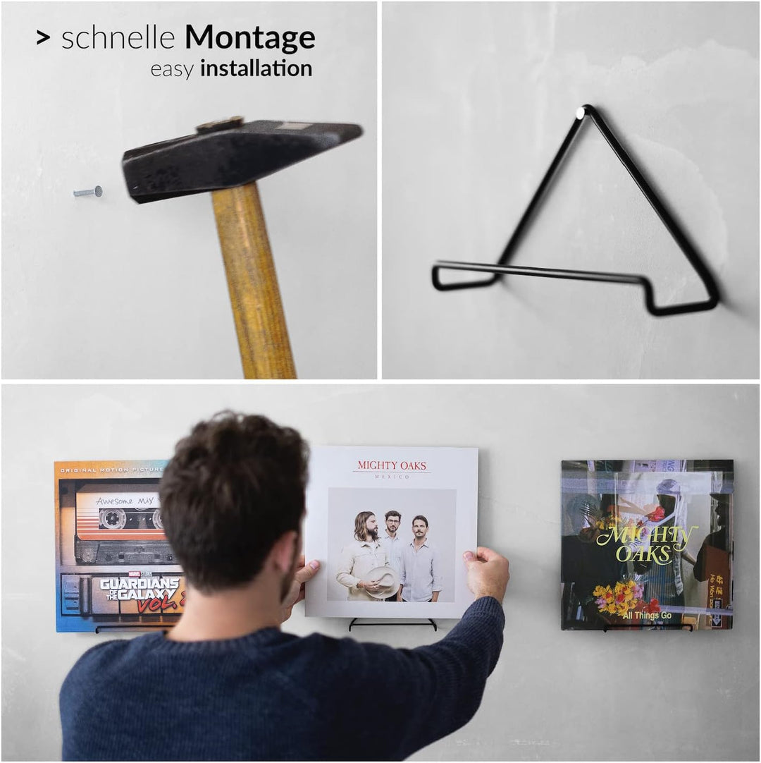 Schallplatten Wandhalterung | 4 Stück | Vinyl Aufbewahrung | Farbe Matt Schwarz Metall | Vinyl Wandh