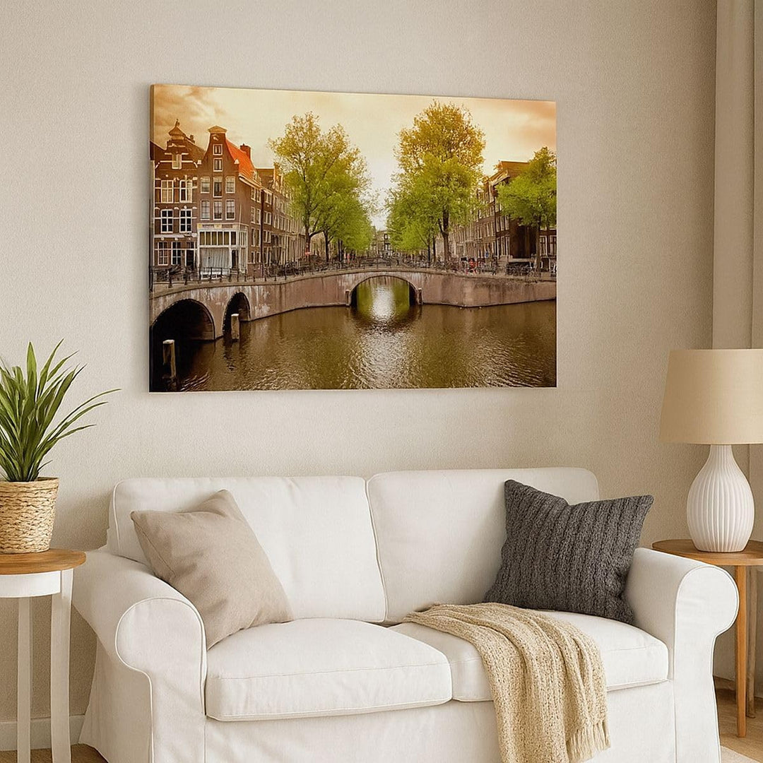 Bilder auf Leinwand 100x70cm Leinwandbild Kanal Wasser Amsterdam Fahrrad Gross Wanddeko Bild Schlafz