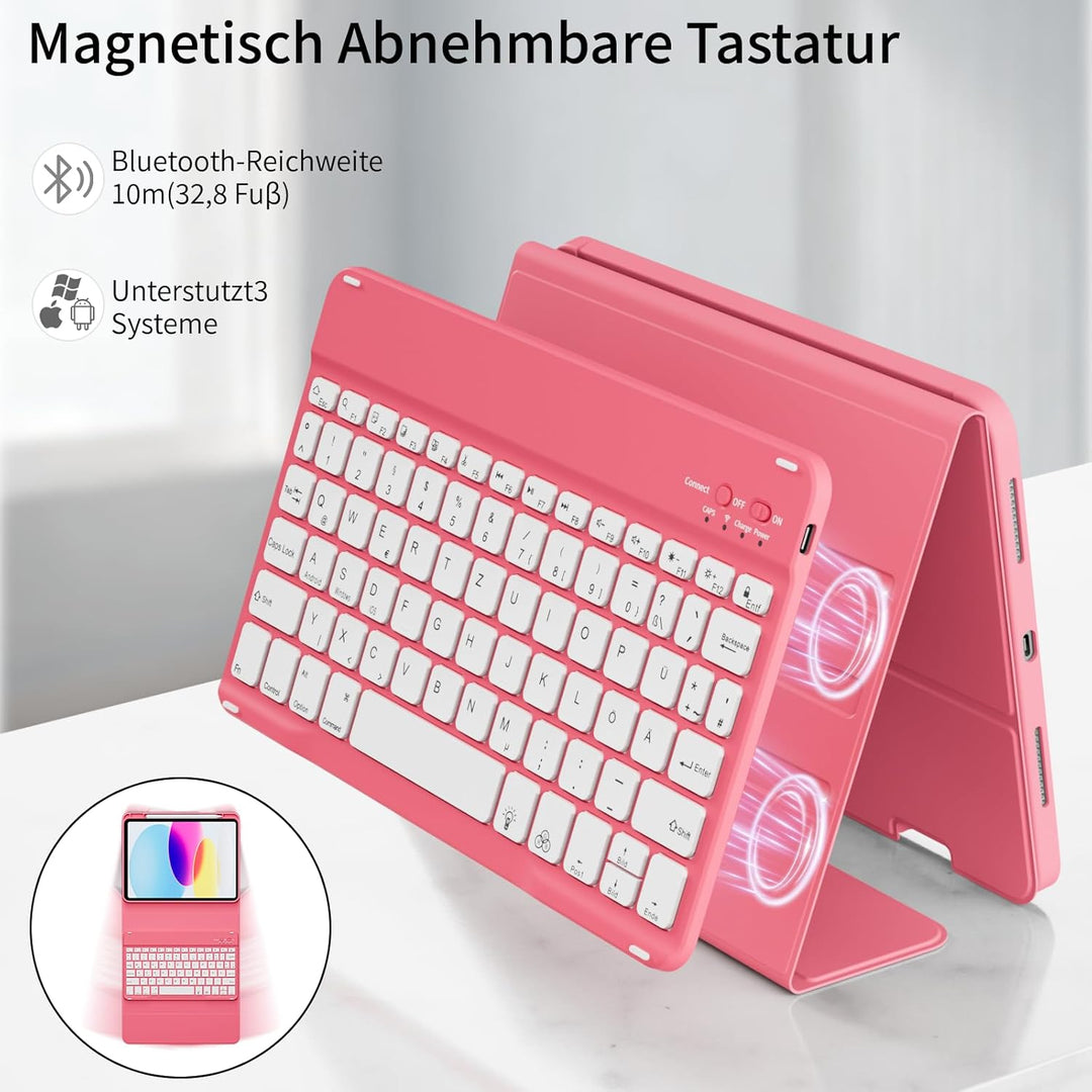 Hülle mit Tastatur für iPad A16 11 Generation 2025/10 Generation 2022 (11/10.9 Zoll) 7 Farben Beleuc
