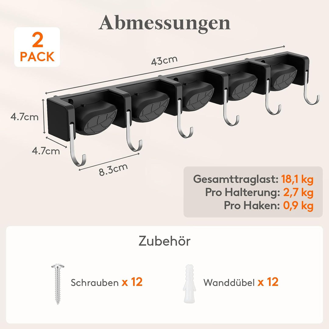 Lifewit Besenhalterung Wand, halterung gartengeräte, 2 Pack, Schwarz | Haken Gartengeräte Aufhängen
