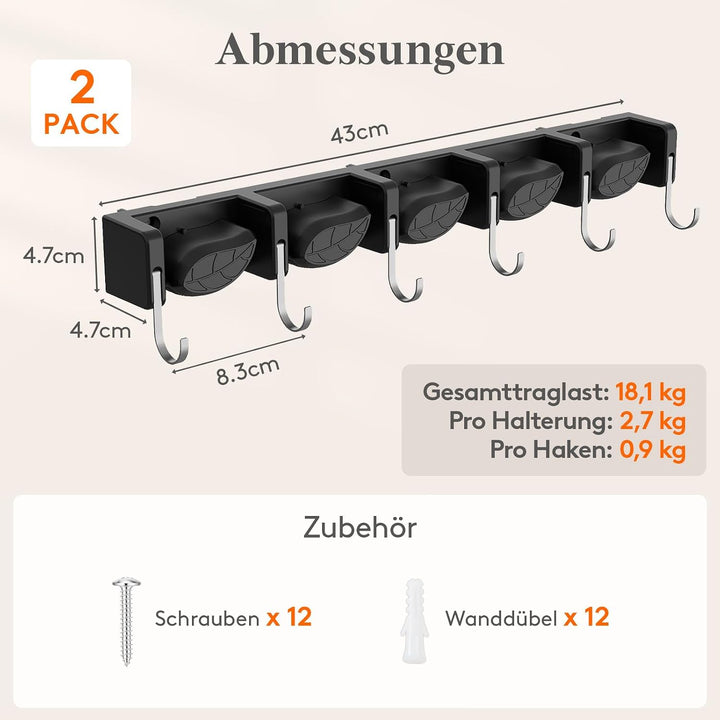 Lifewit Besenhalterung Wand, halterung gartengeräte, 2 Pack, Schwarz | Haken Gartengeräte Aufhängen
