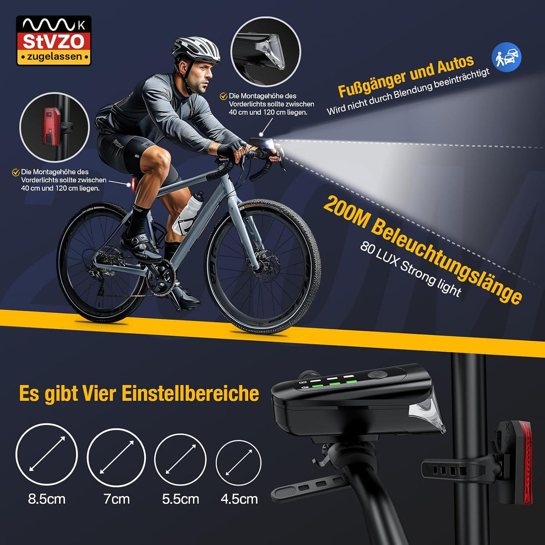 Fahrradlicht Set lichtsensor,Smart Rücklicht mit Bremslicht,Sensor Fahrradlicht StVZO Zugelassen,Int