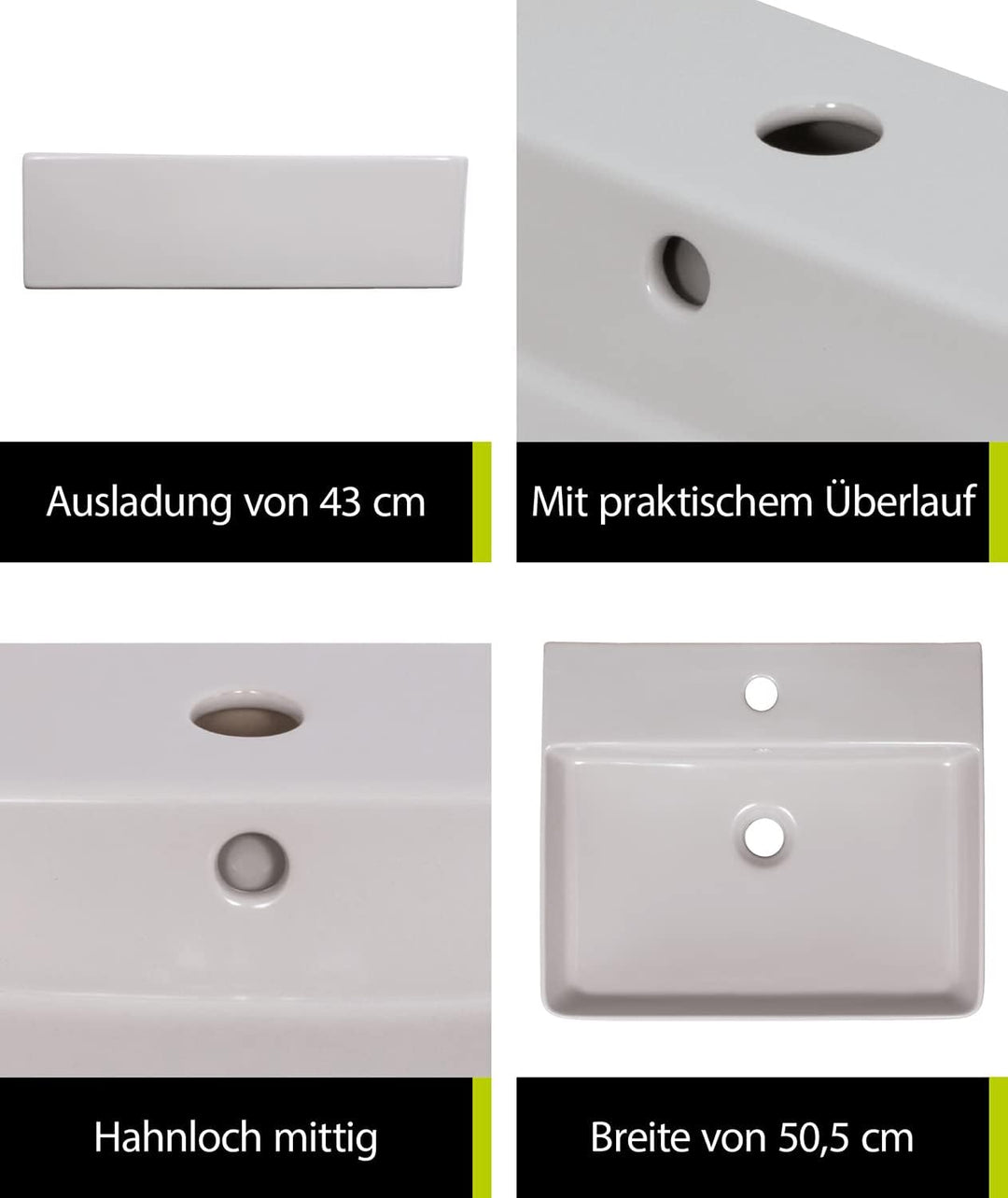 'aquaSu® Moderner Waschtisch Riga 51 cm | Eckiges Design-Waschbecken mit Überlauf und Hahnloch | Hän