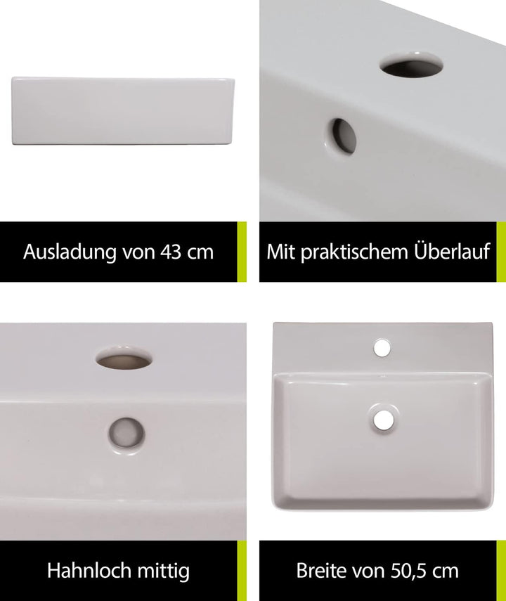'aquaSu® Moderner Waschtisch Riga 51 cm | Eckiges Design-Waschbecken mit Überlauf und Hahnloch | Hän