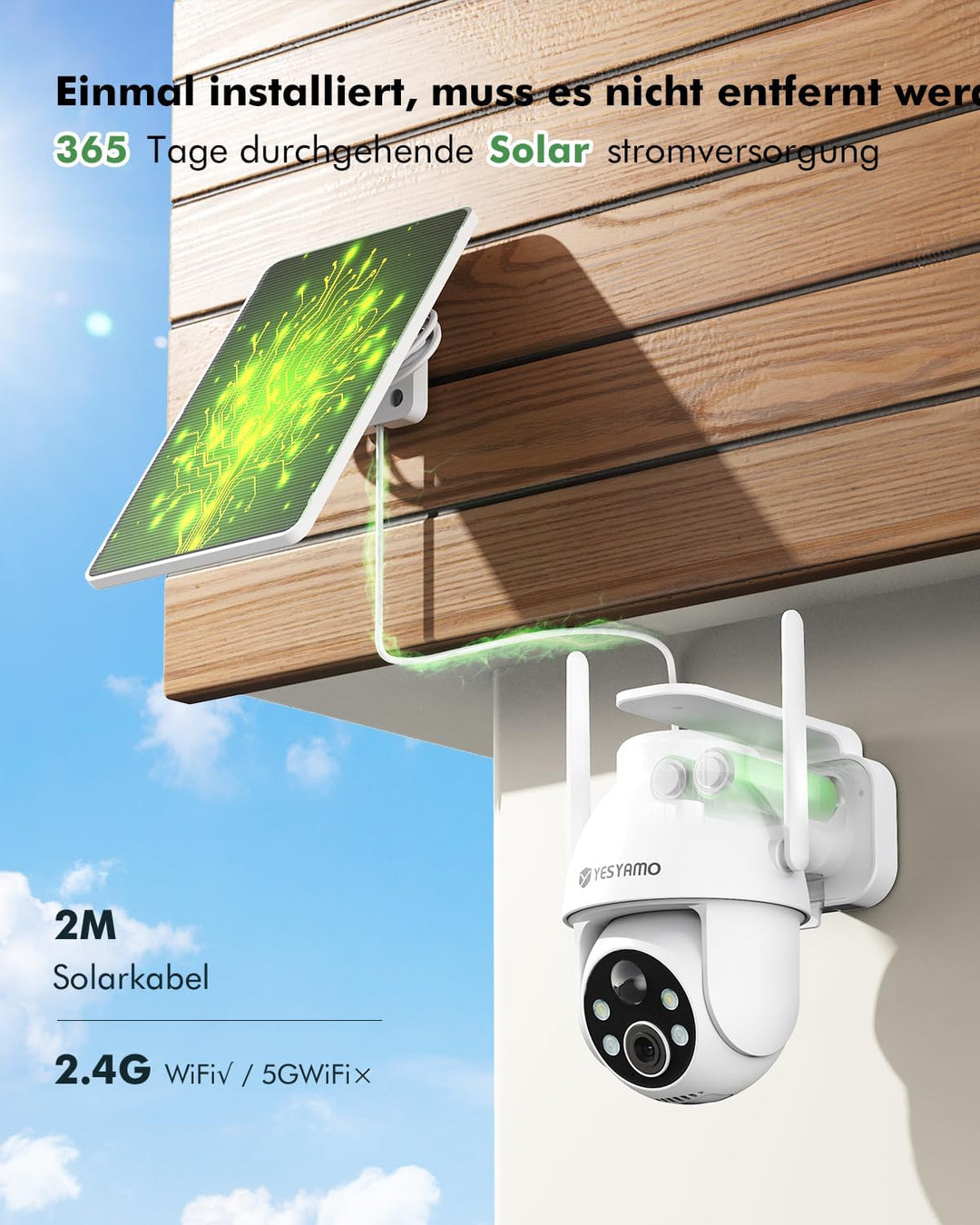 YESYAMO 2K Überwachungskamera aussen solar, 2,4 GHz WLAN Kamera Outdoor | 360° PTZ Solar Kamera, Far