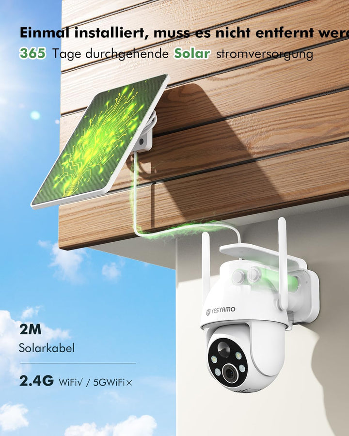YESYAMO 2K Überwachungskamera aussen solar, 2,4 GHz WLAN Kamera Outdoor | 360° PTZ Solar Kamera, Far