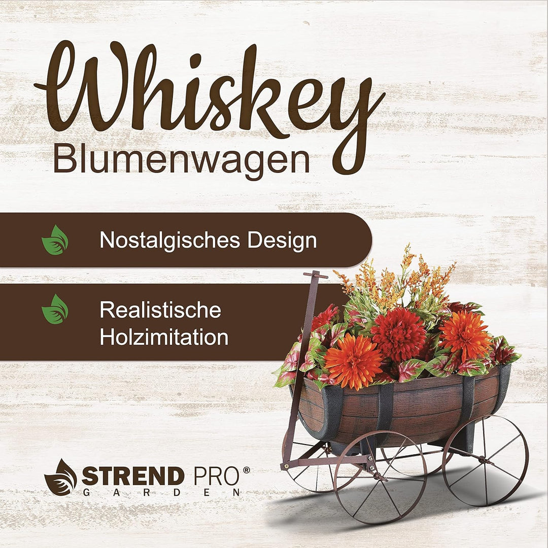 Blumenwagen Whiskyfass - Pflanzwagen auf rädern, Gartendeko Blumentopf Barel - realistischer Blument