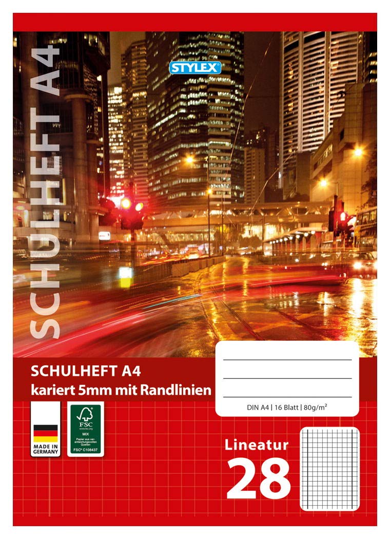Stylex 29828-P25 - Schulheft, kariert, DIN A4, 16 Blatt mit 80 g/m² Grammatur, Aussen- und Innenrand