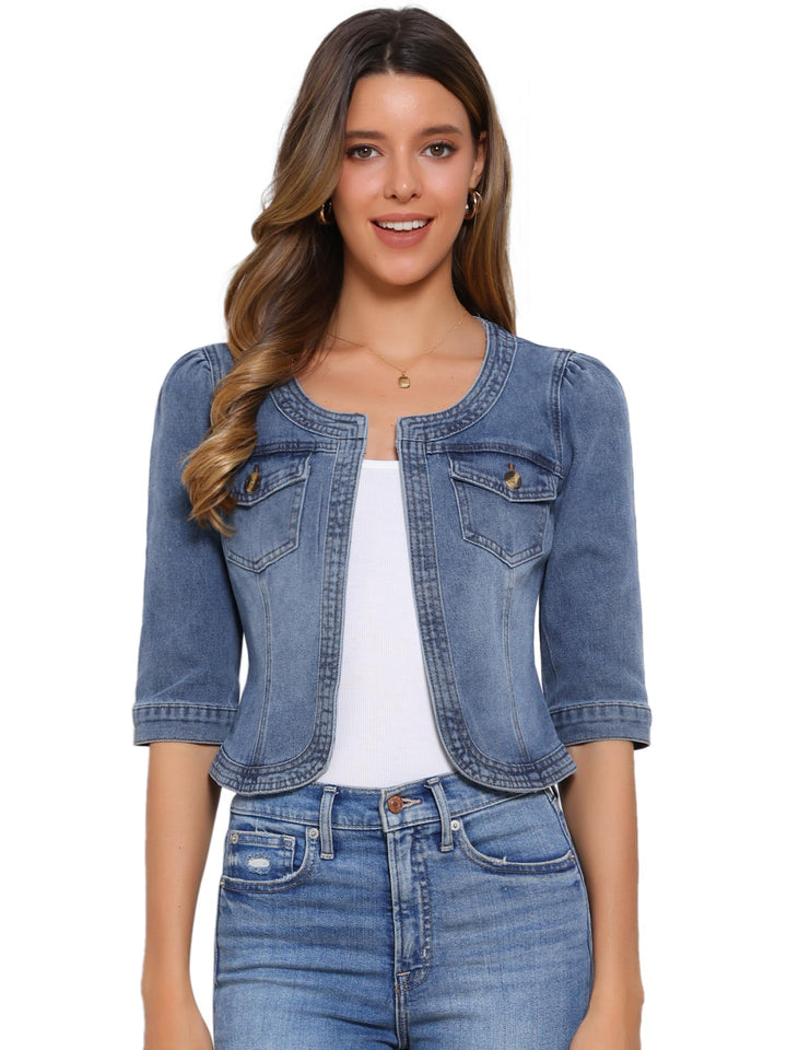 Allegra K Damen Kurze Jeansjacke Kragenlos 3/4 Ärmel Jeansjacken S Grau Blau, S Grau Blau