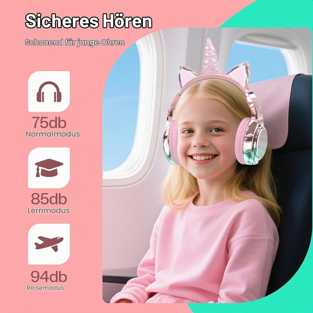 JYPS Bluetooth Kopfhörer Kinder, Metallisch Kabellose Kopfhörer Kinder rosa Einhorn, rosa Einhorn