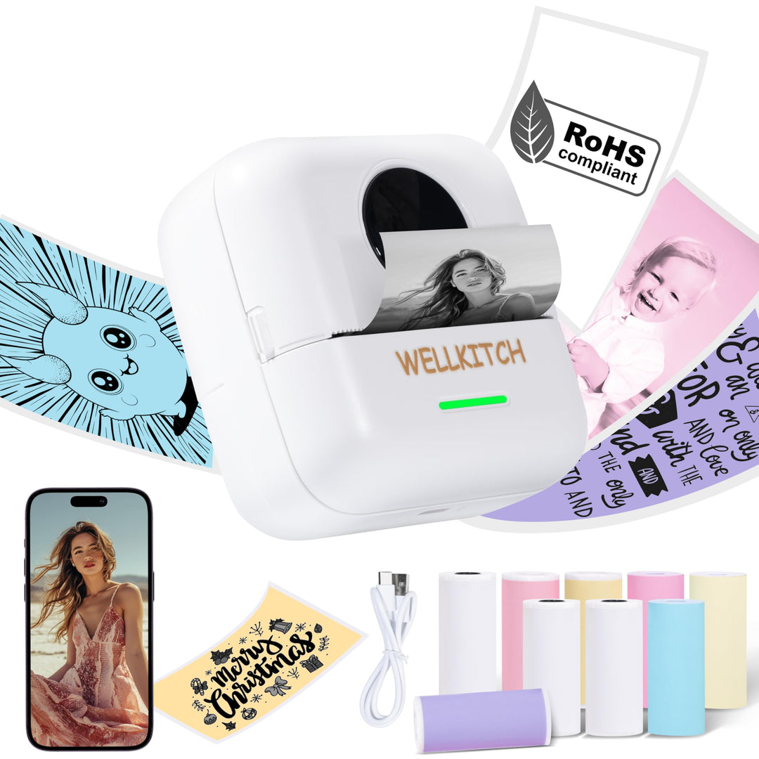 wellkitch Tragbarer Mini-Thermodrucker – WLAN-Drucker ohne Tinte für Fotos, personalisierte selbstkl