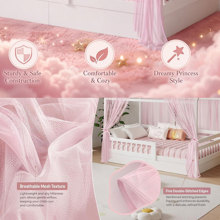 2 Stück Hausbett Himmel Set, Musselin Betthimmel für Kinderbett, weicher &amp; atmungsaktiver Baldachin